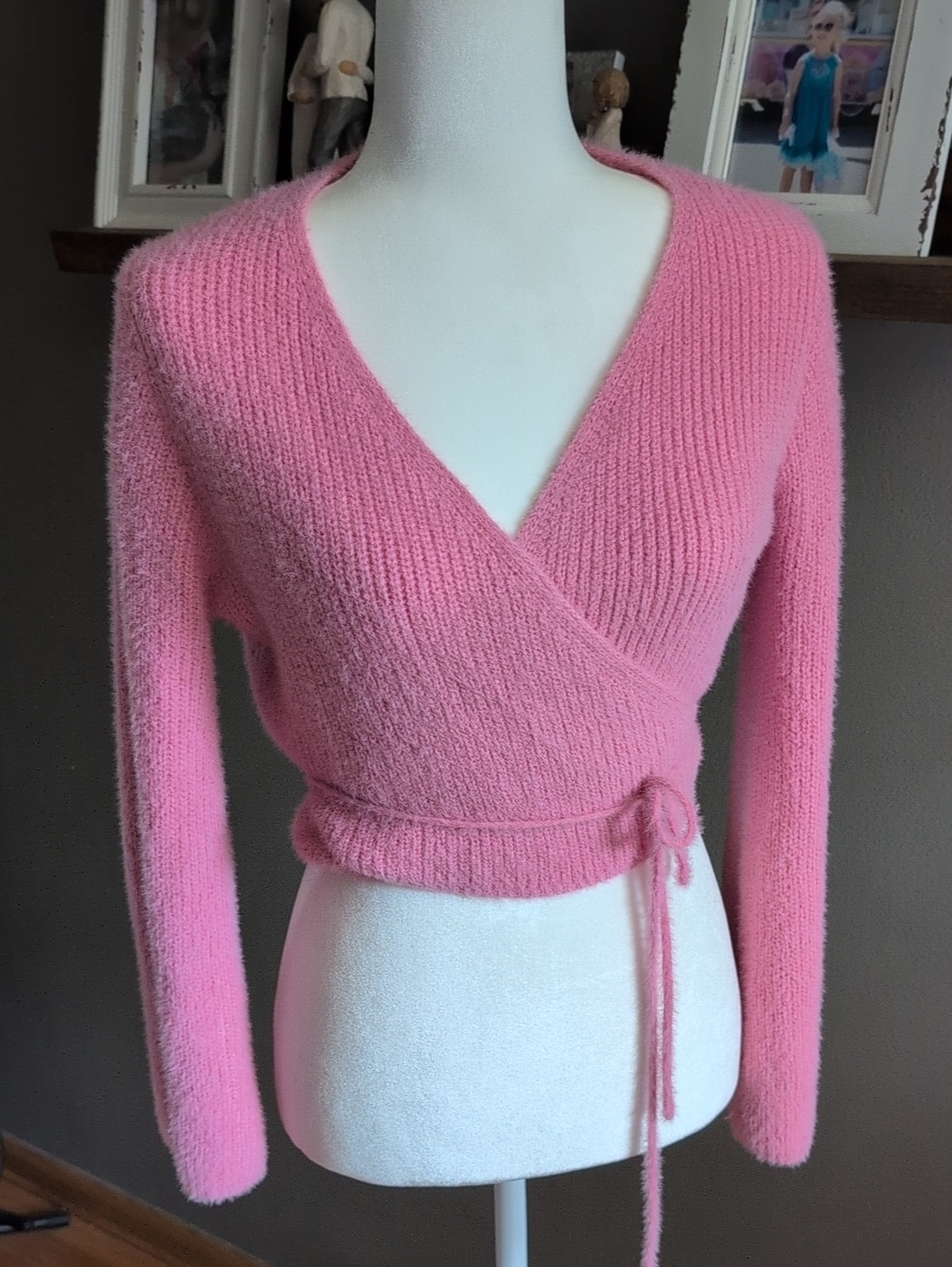 Pink Fuzzy Cropped Wrap Cardigan Size Small Balletcore Coquette Y2K
